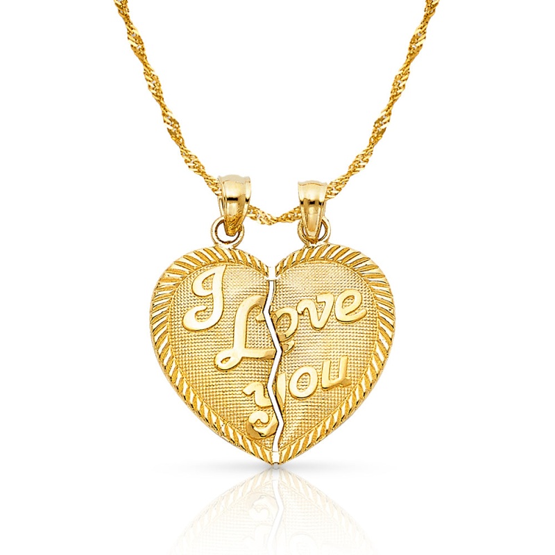 14K Gold Te Amo Heart 2 Piece Charm Pendant With 1.2Mm Singapore Chain Necklace