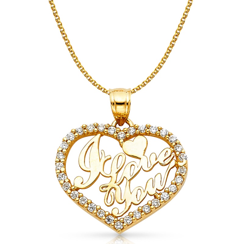 14K Gold Cz I Love You Heart Charm Pendant With 1.2Mm Flat Open Wheat Chain Necklace