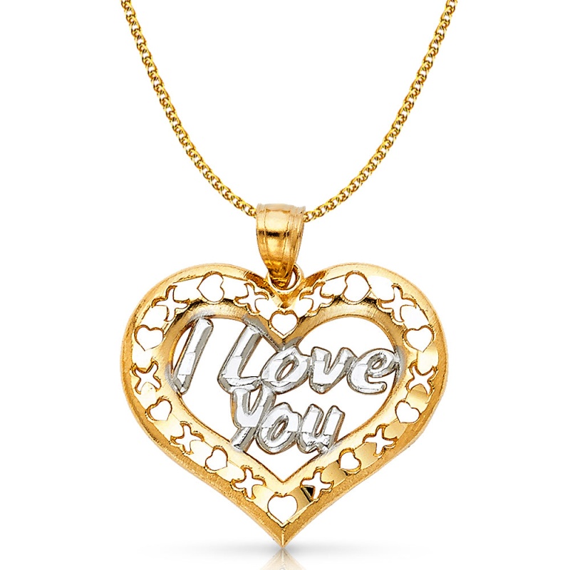 14K Gold I Love You Heart Charm Pendant With 1.5Mm Flat Open Wheat Chain Necklace