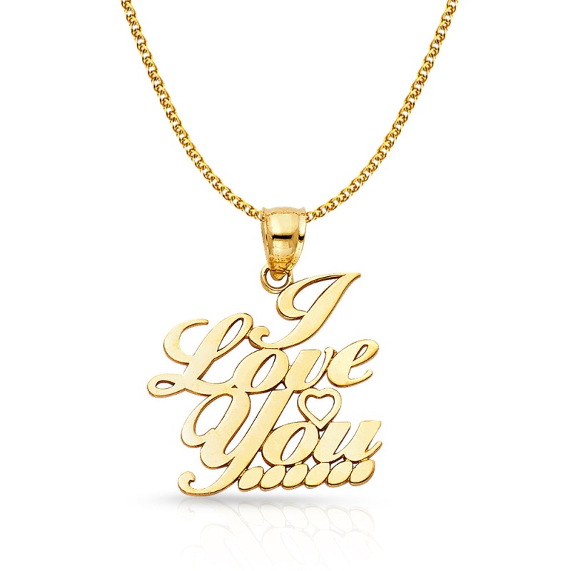14K Gold I Love You Heart Charm Pendant With 1.5Mm Flat Open Wheat Chain Necklace