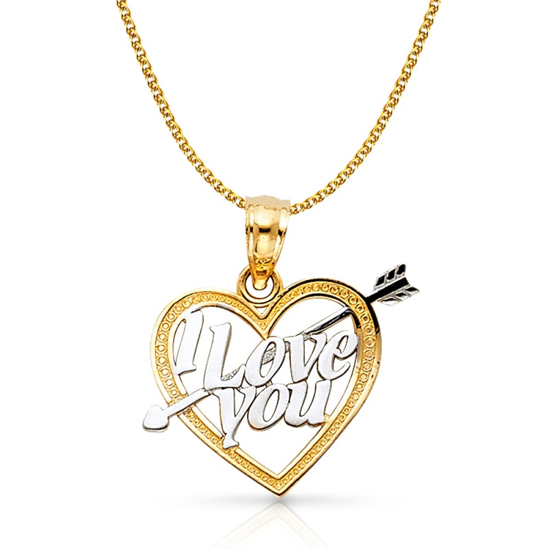 14K Gold I Love You Heart Charm Pendant With 1.2Mm Flat Open Wheat Chain Necklace