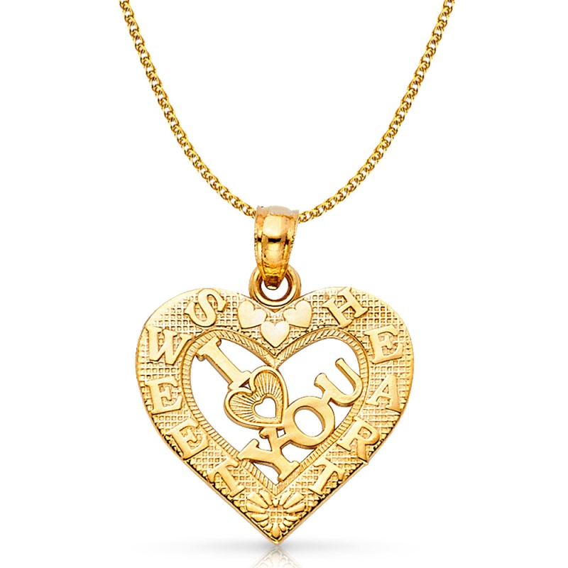 14K Gold I Love You Heart Charm Pendant With 1.5Mm Flat Open Wheat Chain Necklace