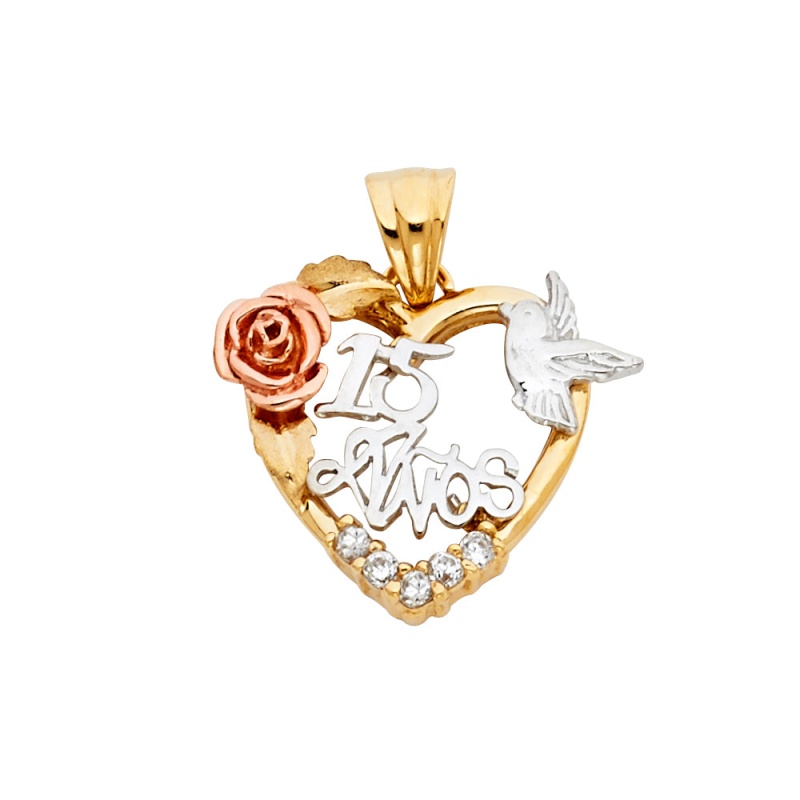 14K Gold Quinceanera Heart Dove And Flower Cz Charm Pendant
