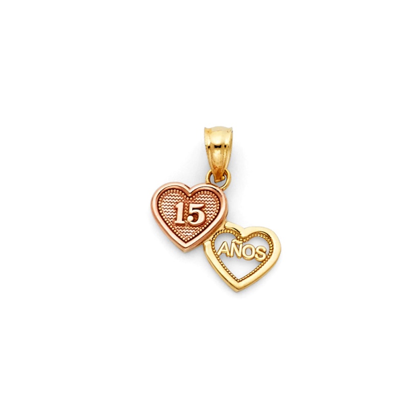 14K Gold 15 Anos Quinceanera Double Heart Cz Charm Pendant