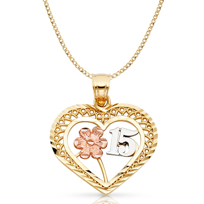 14K Gold Quinceanera Heart Pendant With 2.3Mm Hollow Cuban Chain