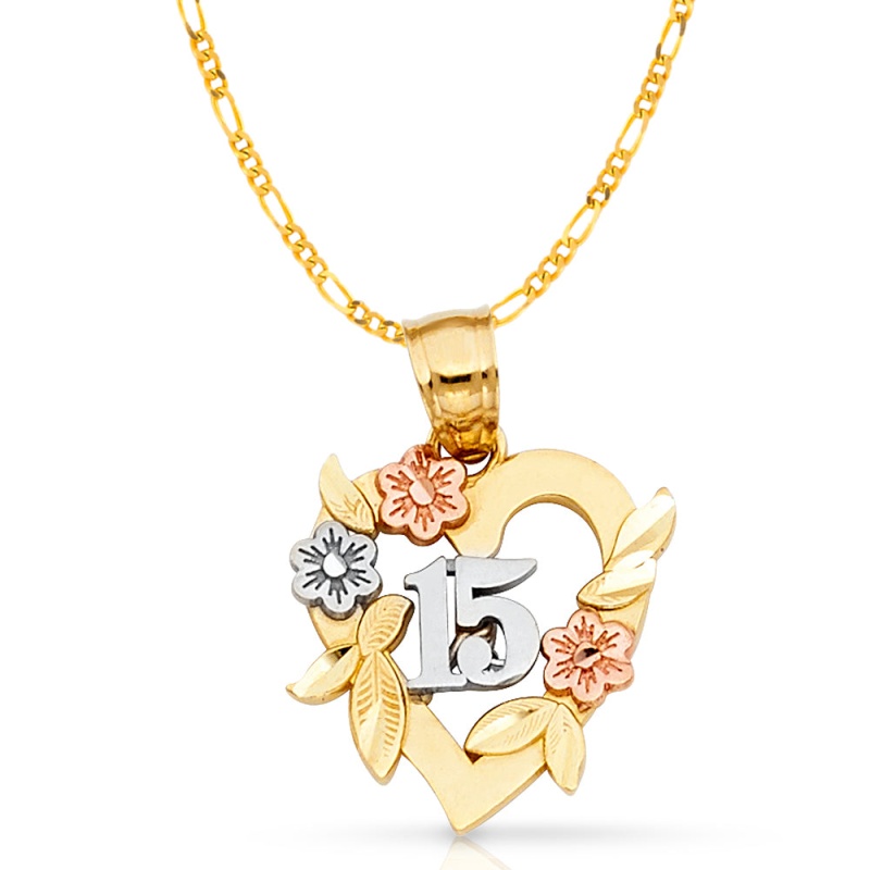14K Gold Quinceanera Heart Pendant With 2.3Mm Figaro 3+1 Chain