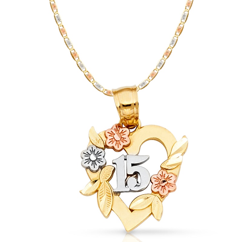 14K Gold Quinceanera Heart Pendant With 2.6Mm Valentino Star Chain