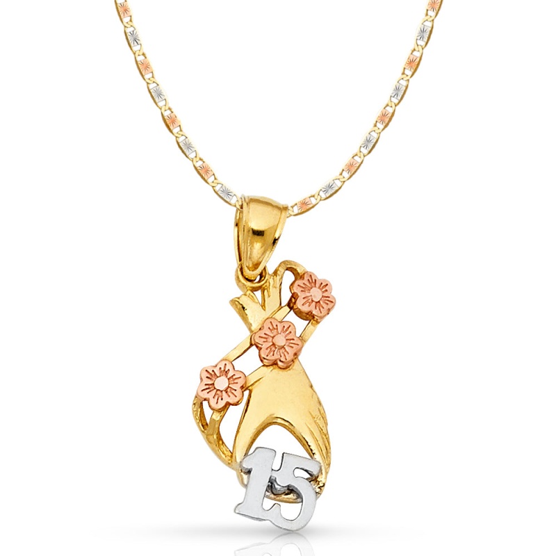 14K Gold Quinceanera Heart Pendant With 2.6Mm Valentino Star Chain