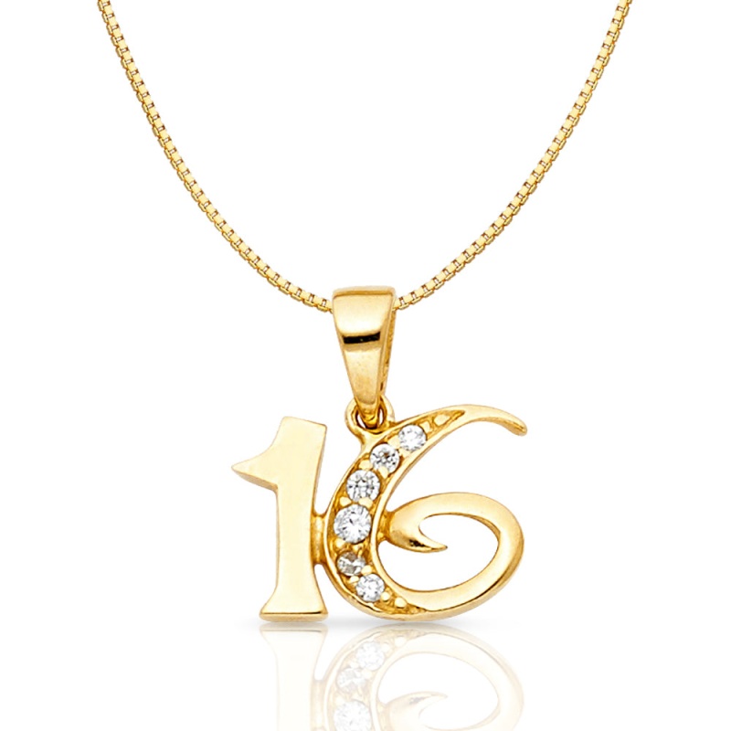 14K Gold Cz 16 Years Charm Pendant With 0.8Mm Box Chain Necklace