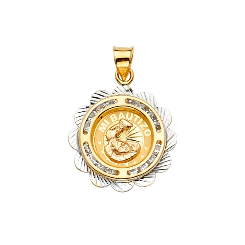 14K Gold Cz Baptism Medal Religious Pendant