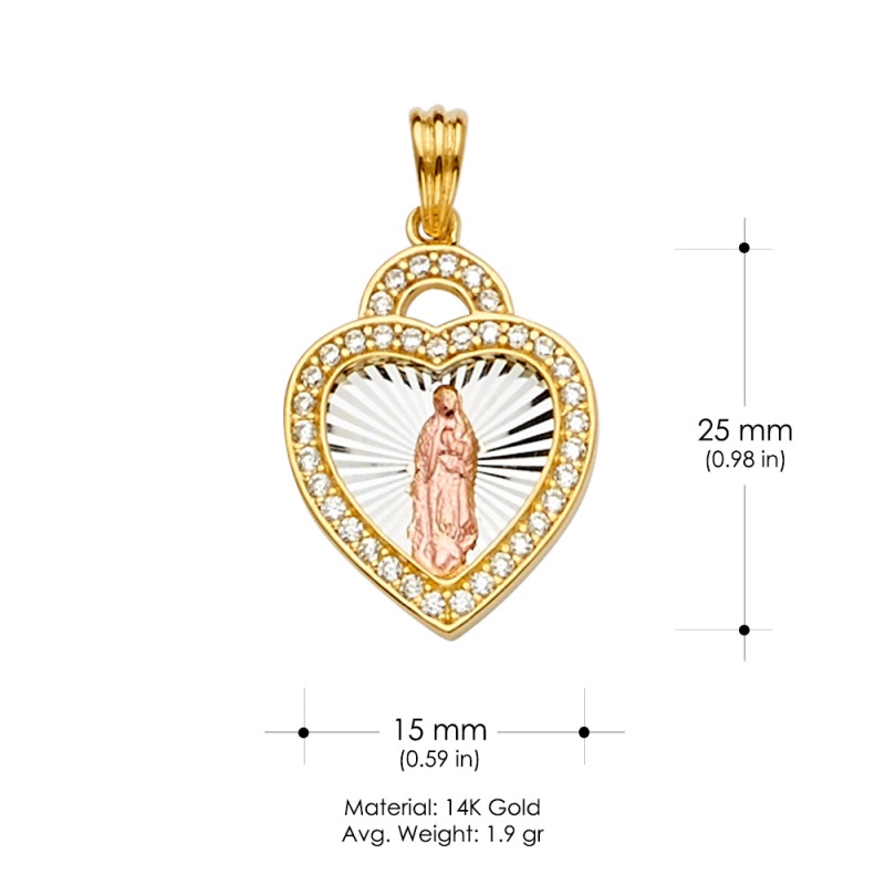 14K Gold Cz Guadalupe Medal Religious Pendant