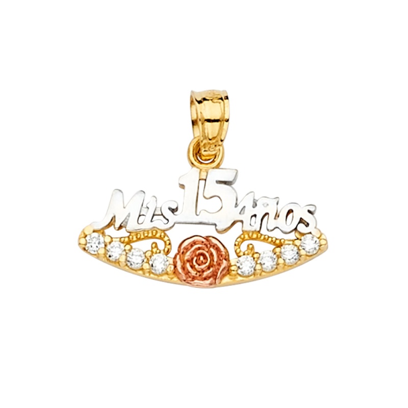 14K Gold Miss 15 Anos Quinceanera Cz Charm Pendant