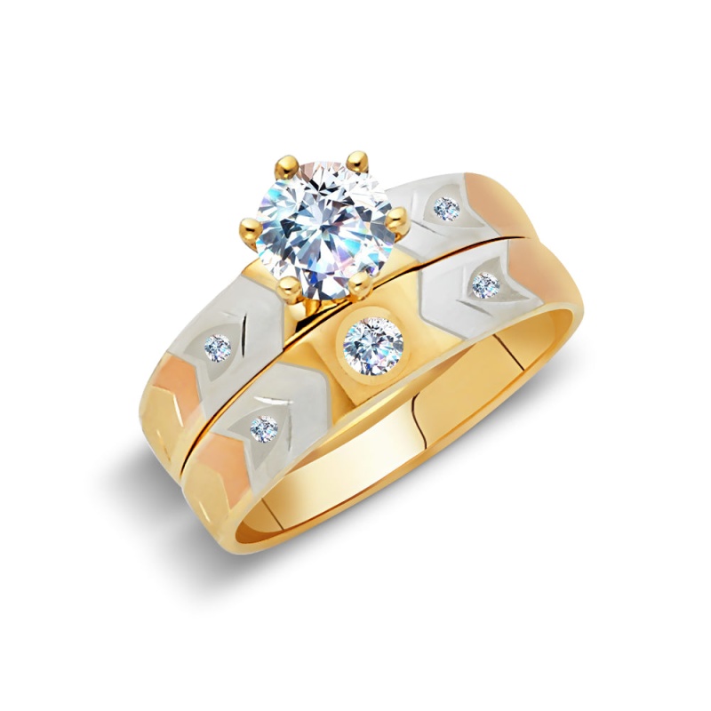 14K Solid Gold Tri Color Gold 2 Piece Bridal Set Cz Women's Engagement Ring And Wedding Band 2 Piece Bridal Set