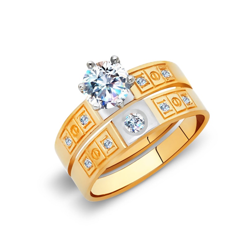 14K Solid Gold Two Tone Cz Wedding Engagement Ring 2 Piece Bridal Set