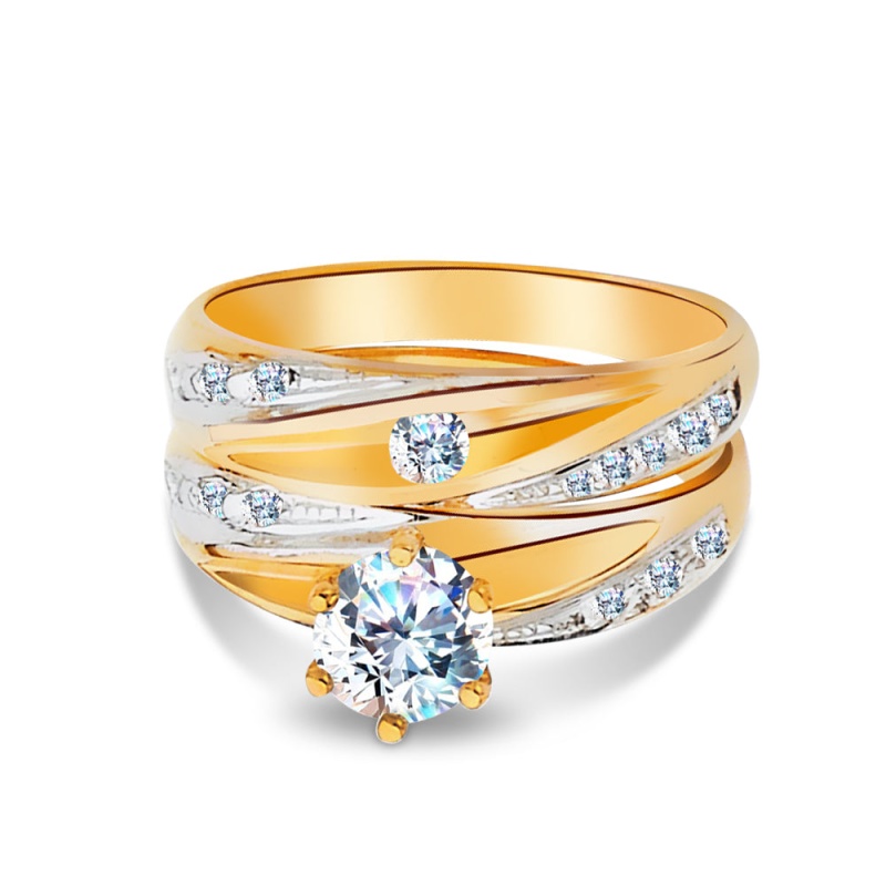 14K Solid Gold Two Tone Cz Wedding Engagement Ring 2 Piece Bridal Set