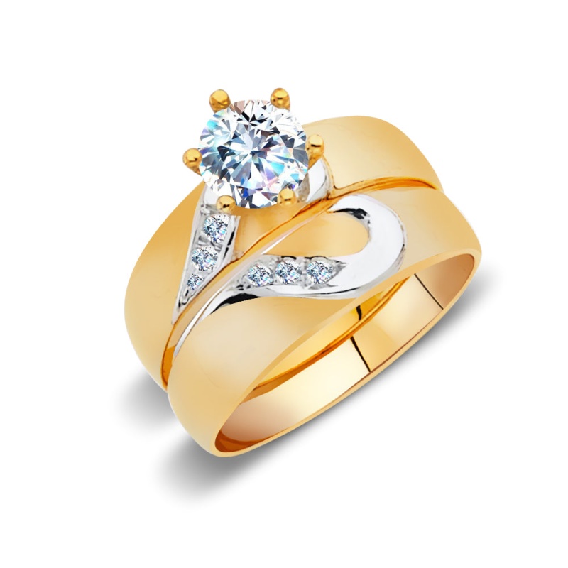 14K Solid Gold Two Tone Cz Wedding Engagement Ring 2 Piece Bridal Set