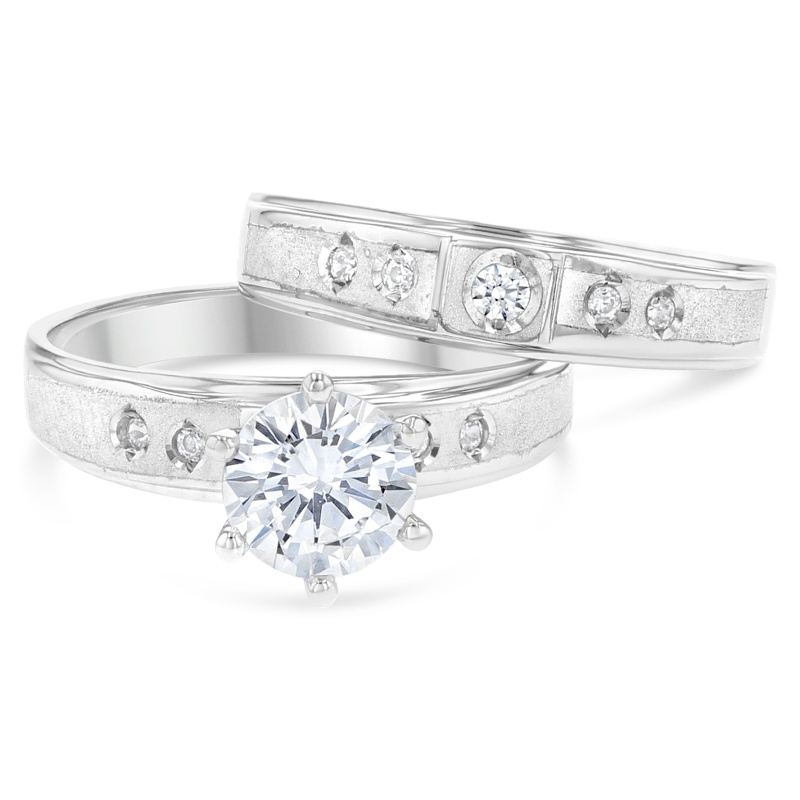 14K Solid White Gold Two Tone Cz Wedding Engagement Ring 2 Piece Bridal Set