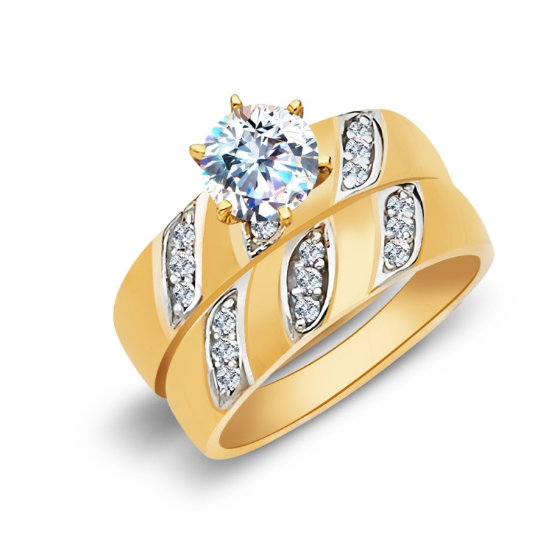 14K Solid Gold Two Tone Cz Wedding Engagement Ring 2 Piece Bridal Set