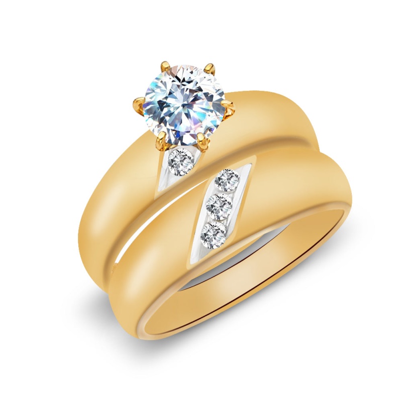 14K Solid Gold Two Tone Cz Wedding Engagement Ring 2 Piece Bridal Set
