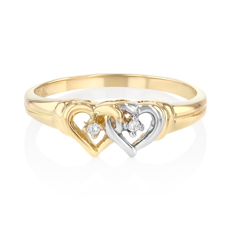 14K Solid Gold Double Heart Cz Ring