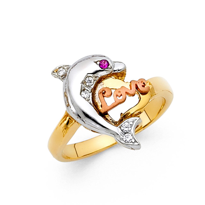 14K Solid Gold Cz Fancy Dolphin With Heart Ring