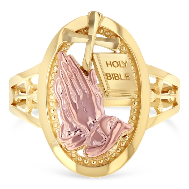 14K Solid Gold Praying Hands & Cross Religious Ring