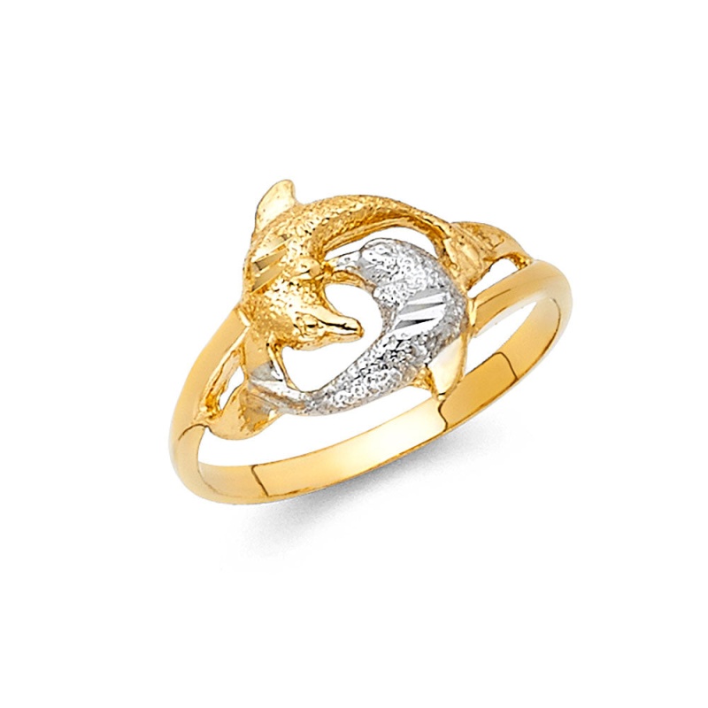 14K Solid Gold Fancy Dual Dolphin Ring