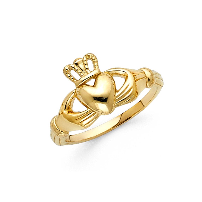 14K Solid Yellow Gold Claddagh Heart Ring