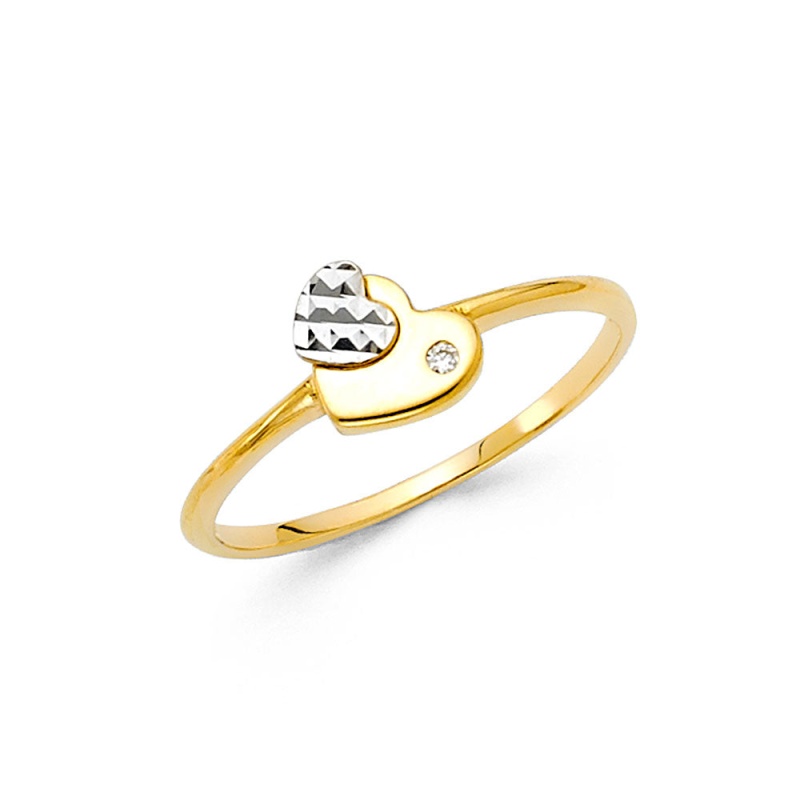 14K Solid Gold Cz Double Heart Fancy Ring