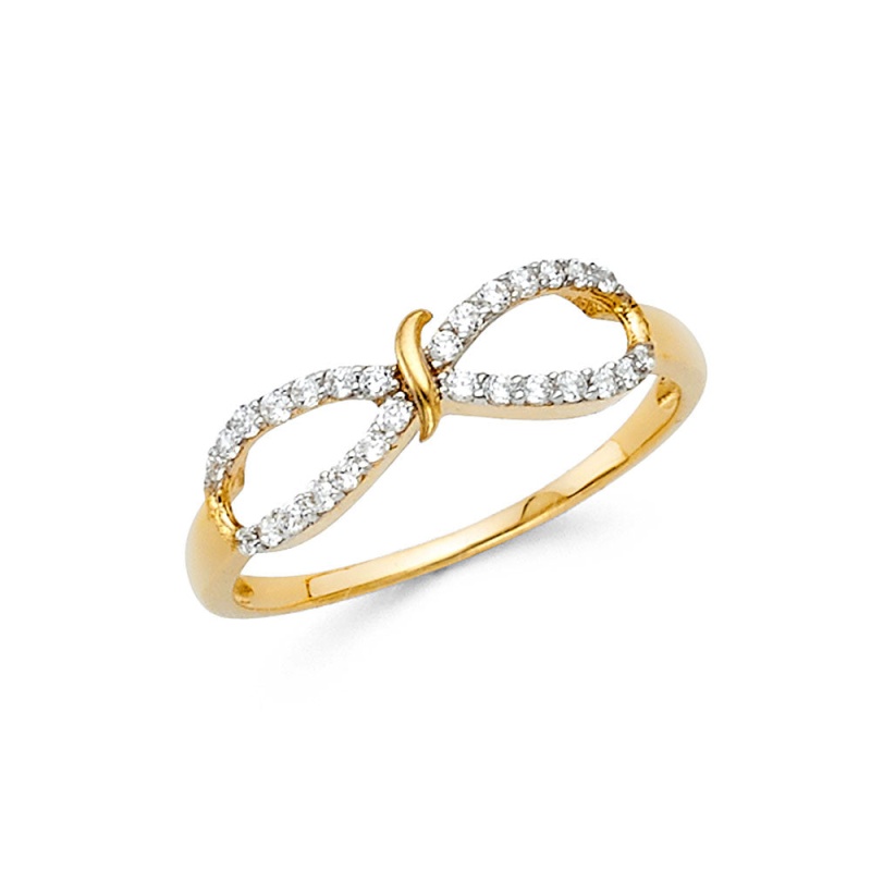 14K Solid Gold Cz Fancy Ribbon Bow Statement Ring