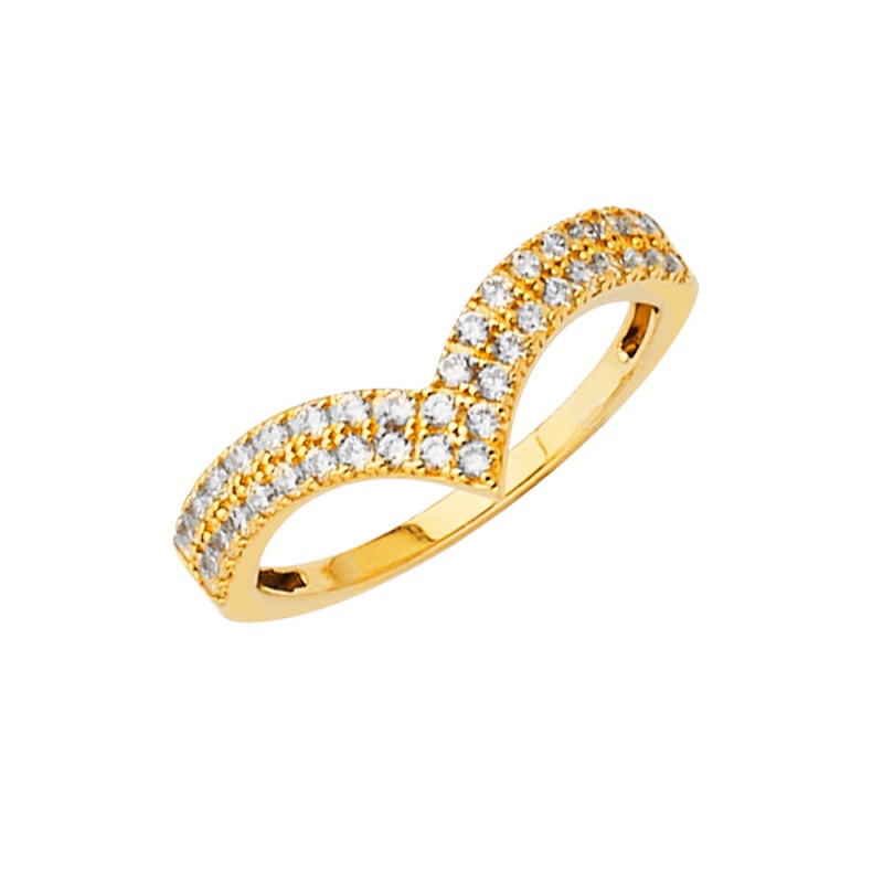 14K Solid Gold V Shape Cz Stackable Trendy Women's Ring