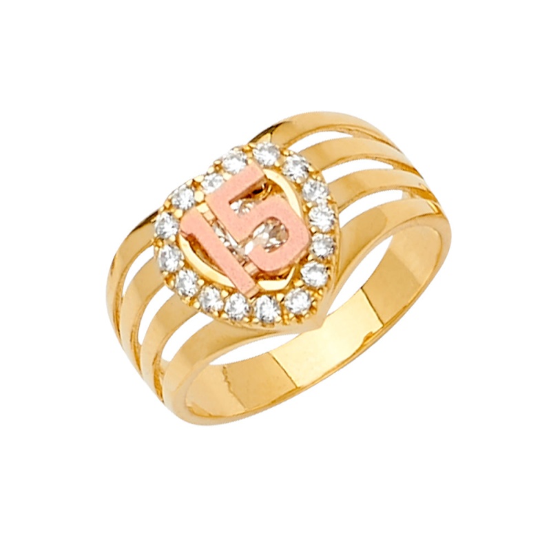 14K Solid Gold Cz Heart Cut 15 Years Quinceanera Ring