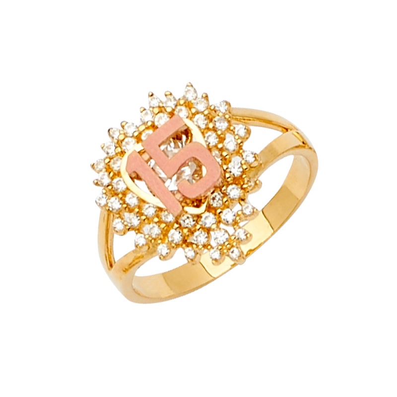 14K Solid Gold Cz Heart Cut 15 Years Quinceanera Ring