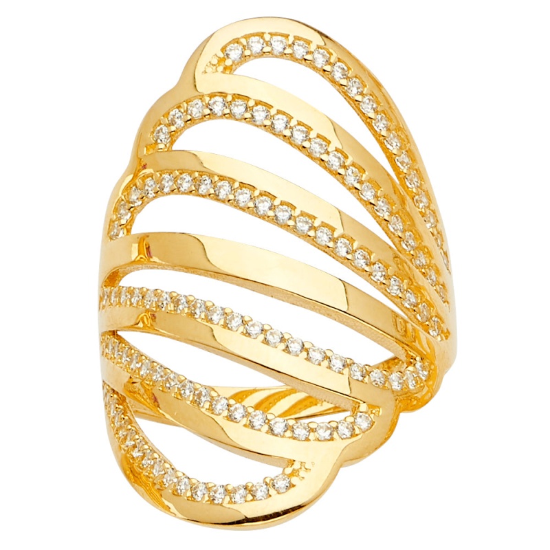 14K Solid Gold Multi Line Channel Set Trendy Cz Ring