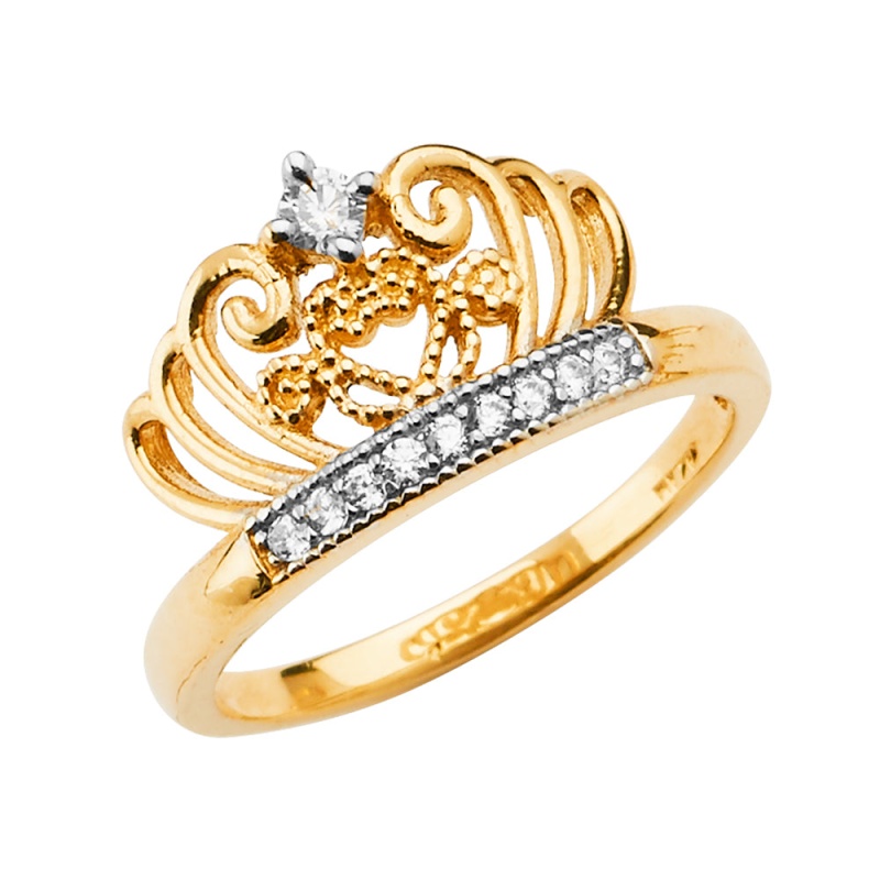 14K Solid Gold Round Cut Cz Princess Crown Or Tiara Ring