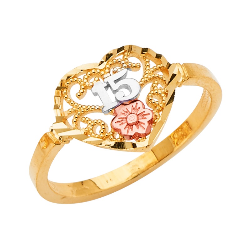 14K Solid Gold 15 Anos Quinceanera Heart Cut Ring