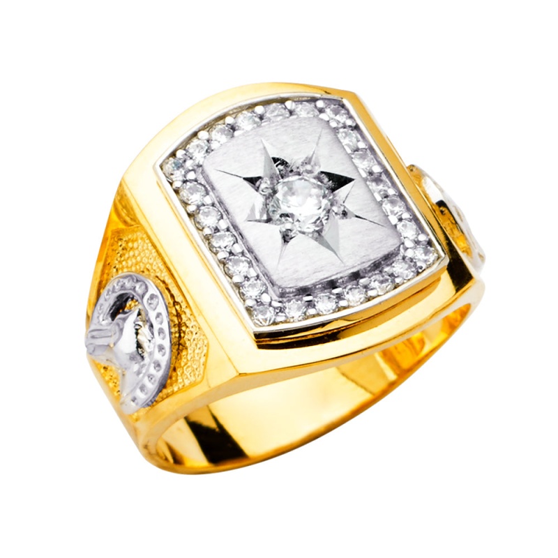 14K Solid Gold Cz Horse Shoe Men's Anniversary Ring