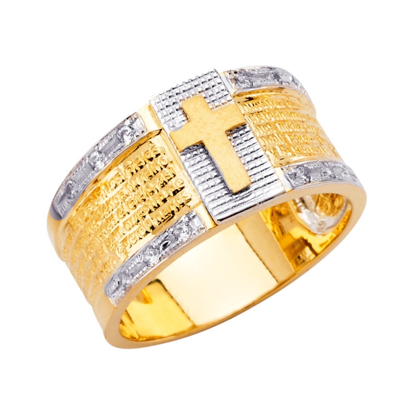 14K Solid Gold Jesus Christ Cross Lord's Prayer's Cz Band Ring