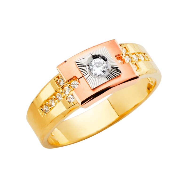 14K Solid Gold Cz Jesus Christ Cross On Sides Religious Band Ring