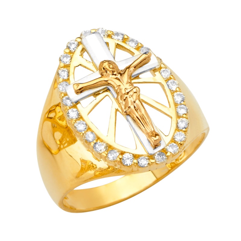 14K Solid Gold Cz Jesus Crucifix Cross Men's Religious Ring