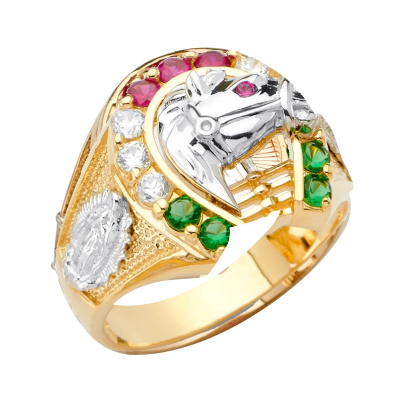 14K Solid Gold Cz Horse Shoe & Head With Guadalupe Ring