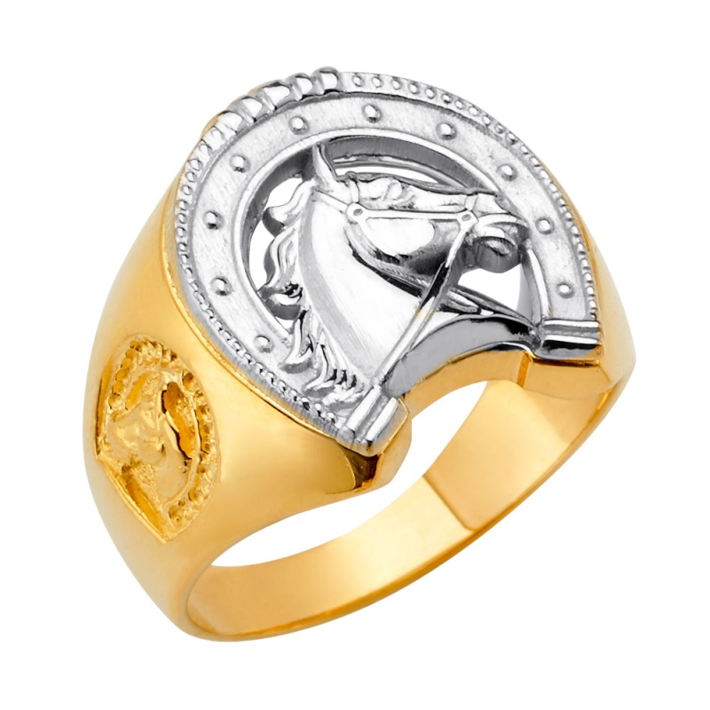 14K Solid Gold Horse Shoe And Horse Head Ring