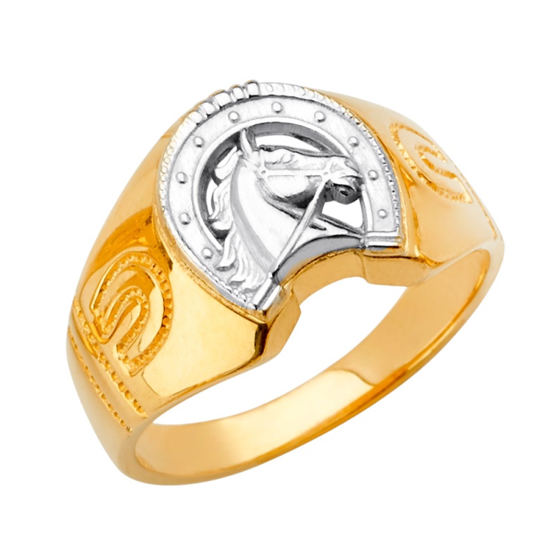 14K Solid Gold Horse Shoe And Horse Head Ring