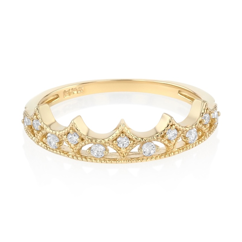 14K Solid Gold Cz Princess Crown Or Tiara Stackable Band Ring