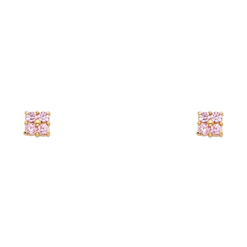 14K Gold Birthstone Cz Flower Stud Earrings