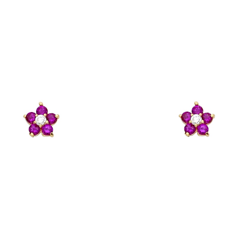 14K Gold Birthstone Cz Flower Stud Earrings ( 5Mm)