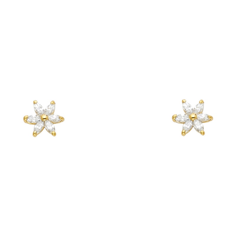 14K Gold Birthstone Cz Flower Stud Earrings