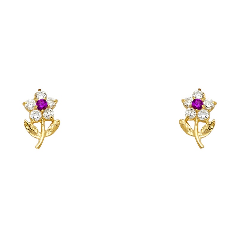 14K Gold Cz Flower & Leaf Stud Earrings