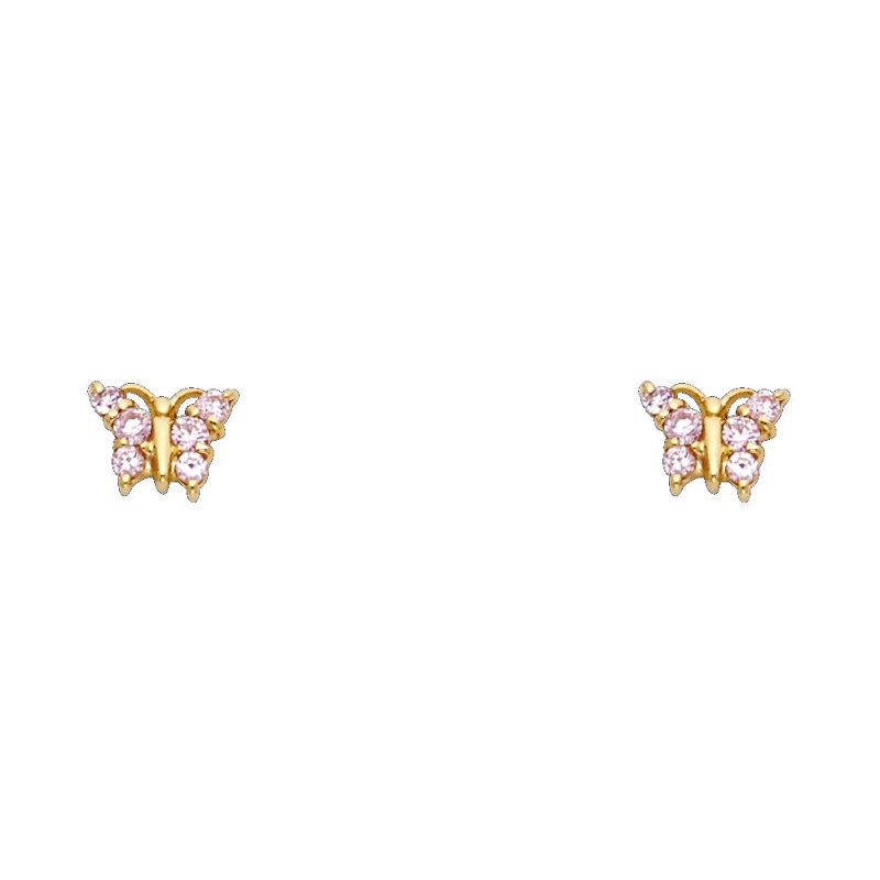 14K Gold Cz Butterfly Stud Earrings - Red