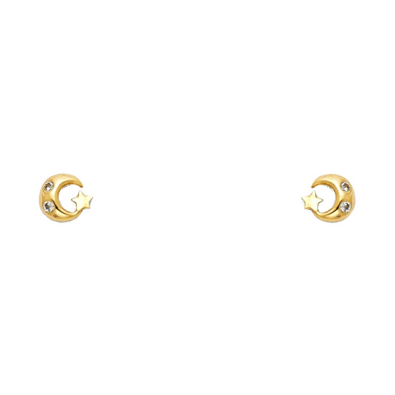 14K Gold Cz Moon And Star Stud Earrings - White
